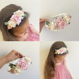 Pink flower headband, ivory satin headband, flower girl headband, flower headband, flower crown, flower girl aliceband, pink headband