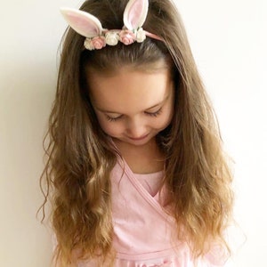 Spring bunny ears, bunny ears on elastic, Bunny ears, bunny bow, pink lace bunny ears, flower headband, bows for babies, spring image 6