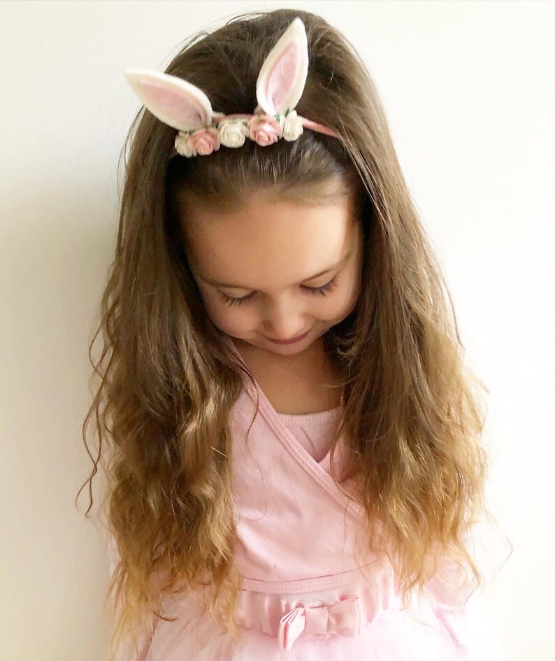 Spring bunny ears, bunny ears on elastic, Bunny ears, bunny bow, pink lace bunny ears, flower headband, bows for babies, spring image 6