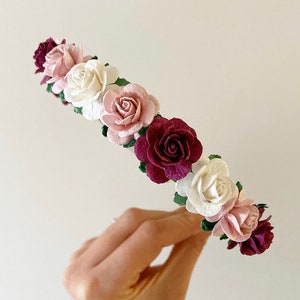 Flower headband, girls flower headband, flower girls headband, burgundy headband, aliceband, flower crown, ivory headband