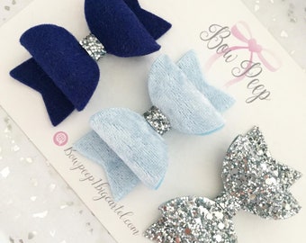 Set of bows, girls hair bows, navy hair bow, silver glitter hair bow, baby blue velvet bow, blue hair bows, school bows, girls bows