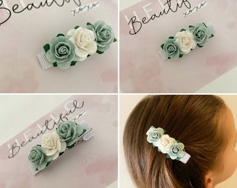 Sage green flower hair clip, flower girl hair clip, flower clip, ivory flower hair clip, bridesmaid  hair clip, flower girl hair piece