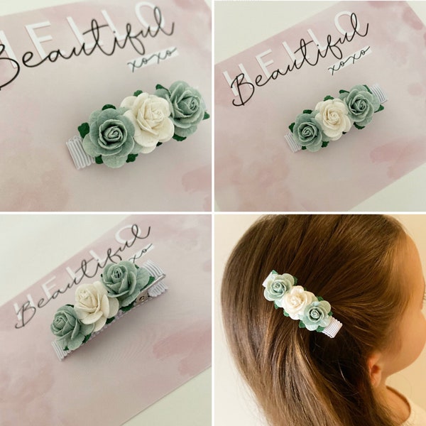 Sage green flower hair clip, flower girl hair clip, flower clip, ivory flower hair clip, bridesmaid  hair clip, flower girl hair piece