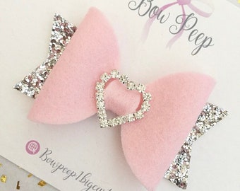 Pink bow, Christmas bows, bows for Christmas, diamonte hair bow, heart bow, sparkly bow, gift for girls, babys 1st Christmas