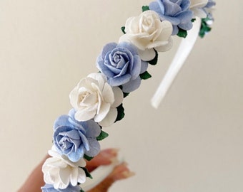 Blue headband, flower girl headband, ivory headband, girls blue flower headband, flower girl, satin headband, small flower headband