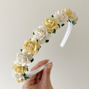 White headband, satin headband, lemon headband, yellow flower headband, flower headband, flower girl headband, flower girl