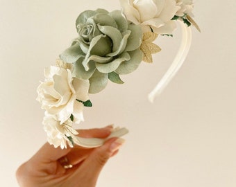 Sage green headband, sage green flower crown, ivory headband, flower girl headband, satin headband, flower girl flower crown, headband