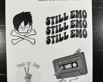 Elder Emo Sticker Sheet: Black & White Cassette, Skeleton - Waterproof Matte Vinyl