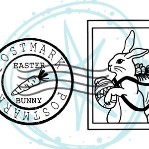 May include: Black and white illustration of a bunny rabbit carrying a basket of Easter eggs. The image is framed with a black border and has a postmark stamp that reads "POSTMARK EASTER BUNNY POSTMARK".