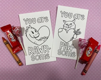 Printable Valentine Coloring Cards For Kids, Cat, Dinosaur, DIY Valentines