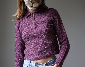 00s y2k Henley Wine Purple Boucle Knit Crop Sweater / Vintage Acrylic Wool Blend Half Zip Sweater