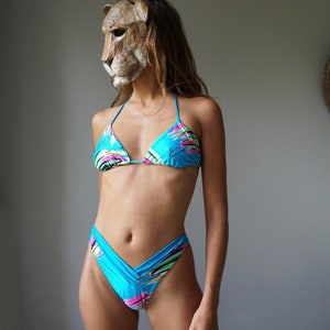 90s Brazilian Deep V High Cut Triangle Tanga Bikini Set / Vintage Turquoise Colorful Print Two Piece Swimsuit