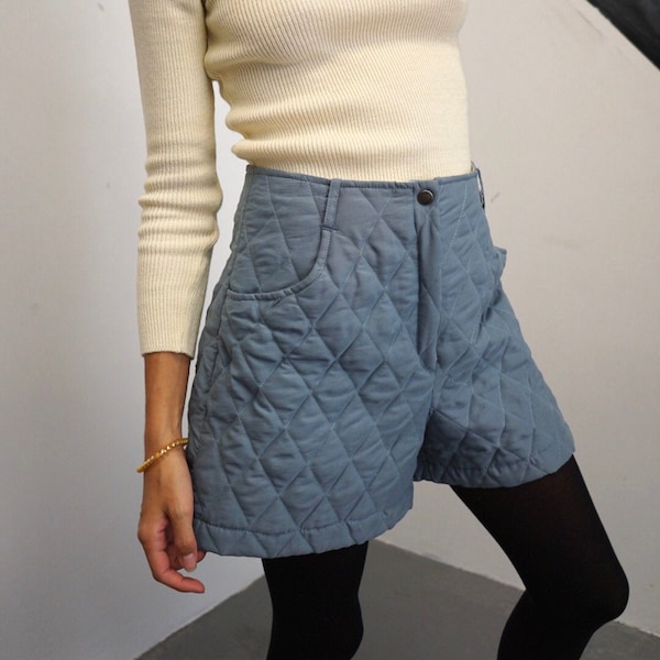 80s Deadstock Blue Gray Quilted Shorts / Vintage Warm Winter High Waisted Shorts