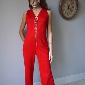 70s Red Sleeveless Jumpsuit / Vintage Retro Mod High Waist Flare Lace-UP Jumpsuit image 1
