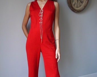 70s Red Sleeveless Jumpsuit / Vintage Retro Mod High Waist Flare Lace-UP Jumpsuit