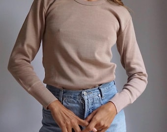 70s Thermal Wool Blend Long Sleeves Sweater Top / Vintage Beige Warm T-Shirt Tee Under Layer