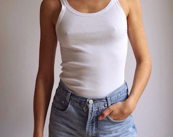 NOS 80s Basics Singlet White Ribbed Pure Cotton Tank Top