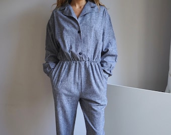 80s Winter Heathered Blue Woven Button Up Jumpsuit / Vintage Retro Wool Blend Puffy Relaxed Jumpsuit