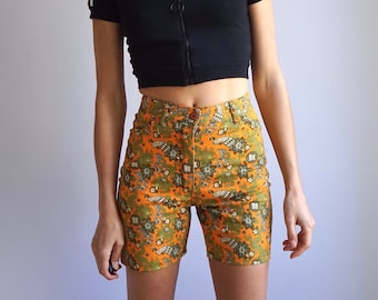 90s y2k High Waisted Chinese Dragon Print Mini Shorts / Vintage Deadstock Orange Green Cotton Denim Shorts W25 W26