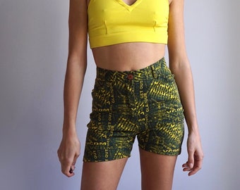 90s y2k High Waisted Letter Print Mini Shorts / Vintage Deadstock Green Yellow Cotton Denim Shorts W25 W26