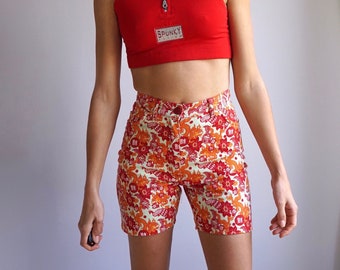 90s y2k High Waisted Chinese Dragon Print Mini Shorts / Vintage Deadstock Orange Red Cotton Denim Shorts W24 W25