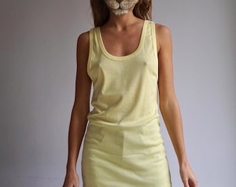 80s XL Buttery Yellow Tank Top Ultra Soft Long Undershirt / Vintage Deadstock Unisex Cotton Poly Sleeveless Top Singlet