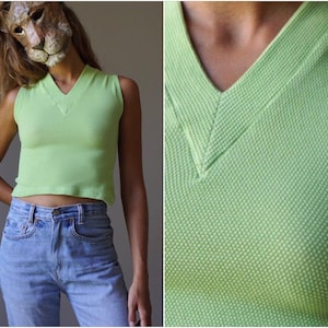 90s NOS Apple Green Waffle Crop Top / Vintage Deadstock Terry Stretchy Mini Sleeveless Top