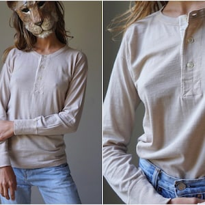 50s Pure Wool Thermal Henley Top / Vintage Beige Dove Long Sleeves Warm Under Layer Top
