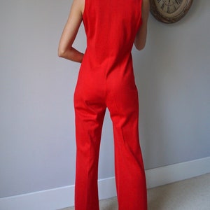 70s Red Sleeveless Jumpsuit / Vintage Retro Mod High Waist Flare Lace-UP Jumpsuit image 5