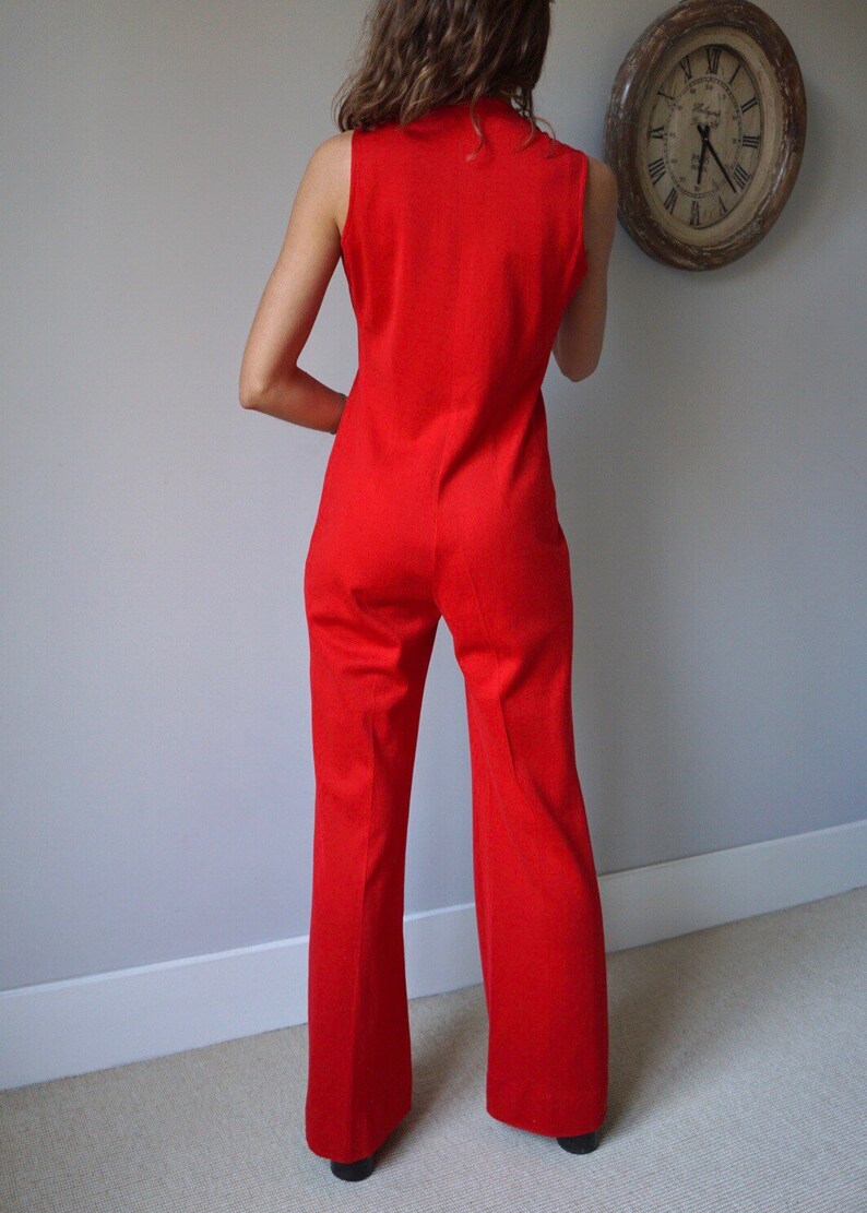 70s Red Sleeveless Jumpsuit / Vintage Retro Mod High Waist Flare Lace-UP Jumpsuit image 5