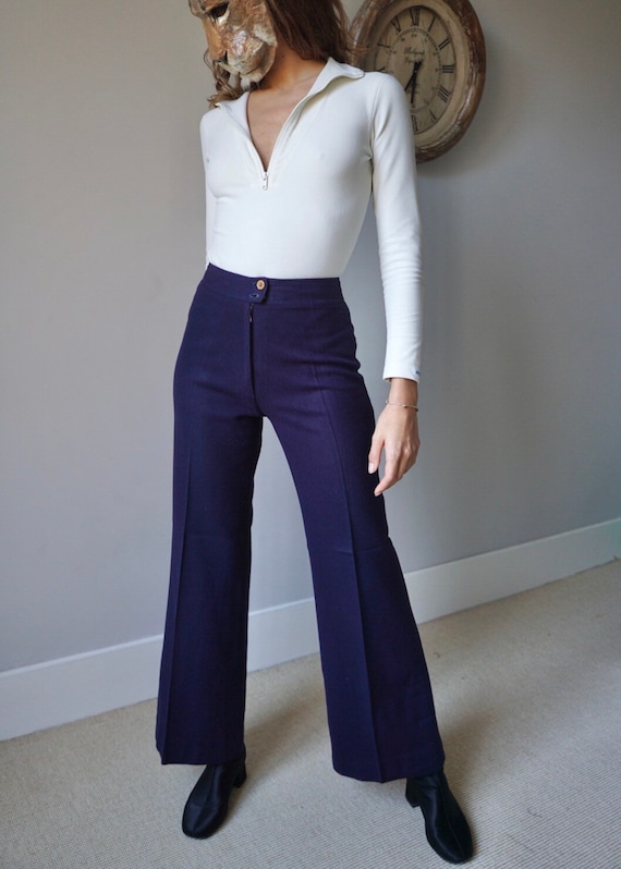 70s Navy Wool Bell Bottoms Pants / Vintage Iconic