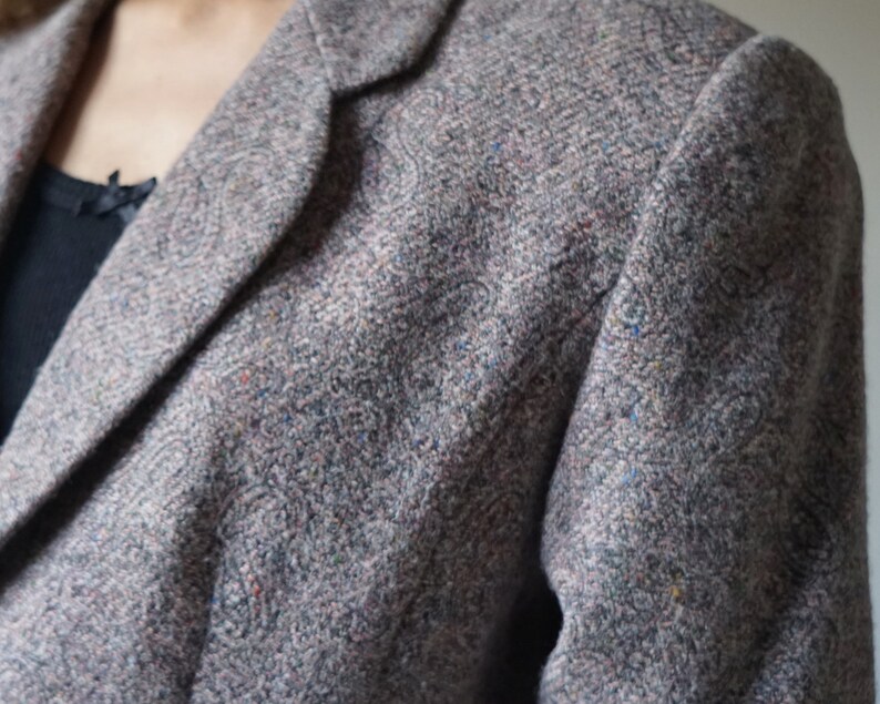 Speckled Gray Wool Blazer Suit Jacket Vintage Winter Paisley Print Tailored Blazer