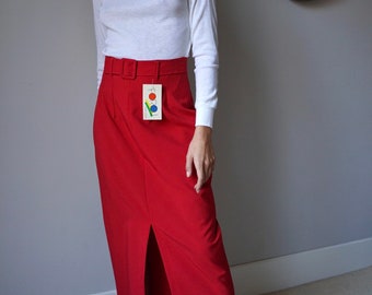 90s Red Belted Maxi Pencil Skirt / Vintage High Waist Long Slit Skirt