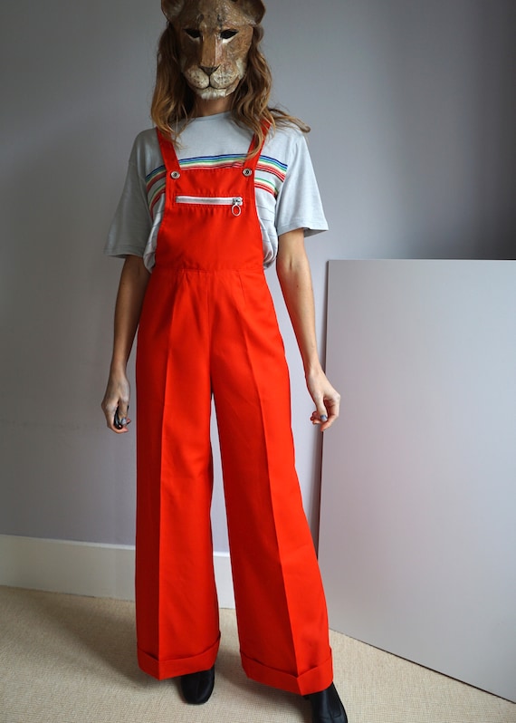 70s Red Wide Legs Retro Overalls / Vintage Iconic 