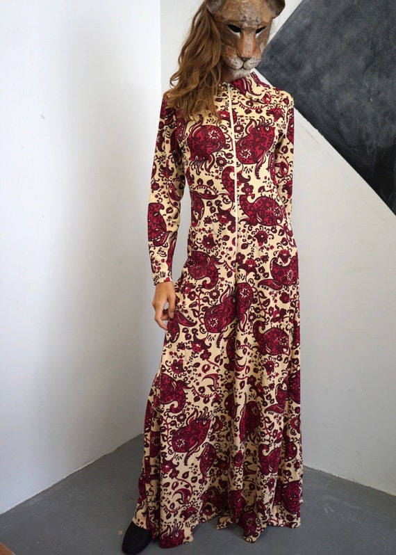 70s Paisley Zip Up Jumpsuit / Vintage Wide Legs Fl