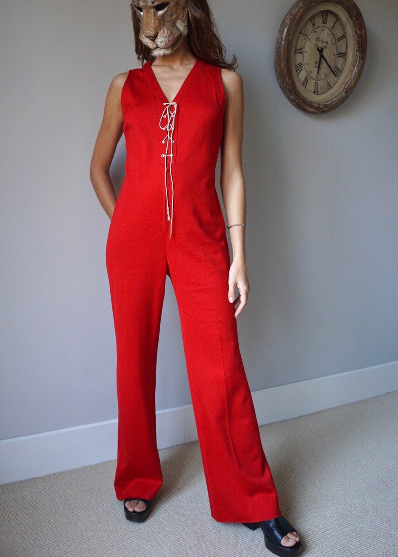 70s Red Sleeveless Jumpsuit / Vintage Retro Mod High Waist Flare Lace-UP Jumpsuit image 1