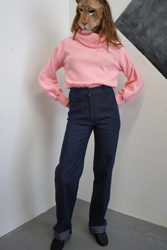 60s Raw Blue Straight Jeans / Vintage Retro High W