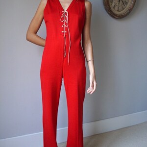 70s Red Sleeveless Jumpsuit / Vintage Retro Mod High Waist Flare Lace-UP Jumpsuit image 3