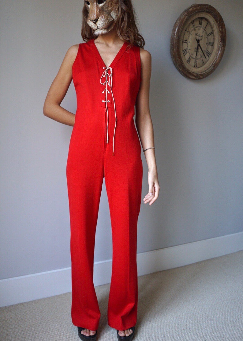 70s Red Sleeveless Jumpsuit / Vintage Retro Mod High Waist Flare Lace-UP Jumpsuit image 3