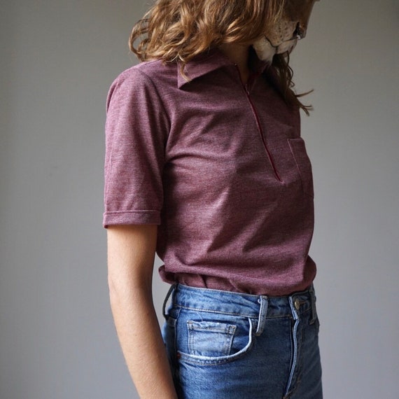 NOS 70s Burgundy Heather Knit Polo Shirt / Vintag… - image 3