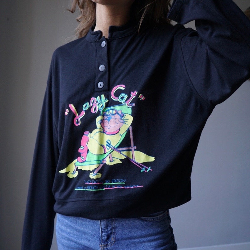 90s Black Half Buttoned Long Sleeved Top / Vintage Fluo Kids Skiing Style Lightweight Sweater image 2