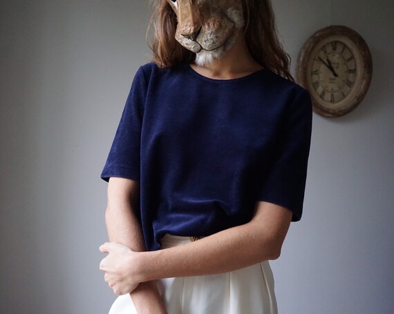 90s Navy Velvet Tee / Vintage Smooth Velvet Top Bl
