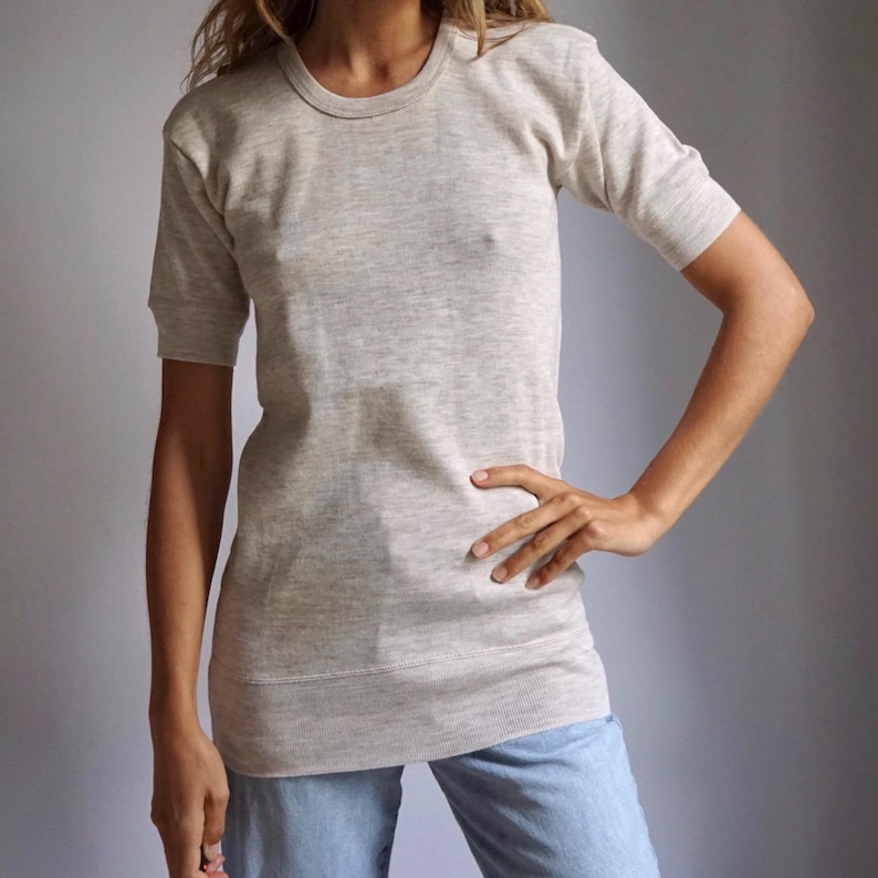 70s Vintage Wool Blend Thermal Top - Oatmeal Beige Short Sleeve T-Shirt image 1