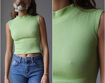 90s NOS Apple Green Waffle Crop Top / Vintage Deadstock Terry Stretchy Mini Sleeveless Top