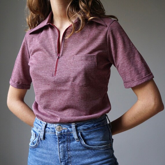 NOS 70s Burgundy Heather Knit Polo Shirt / Vintag… - image 4