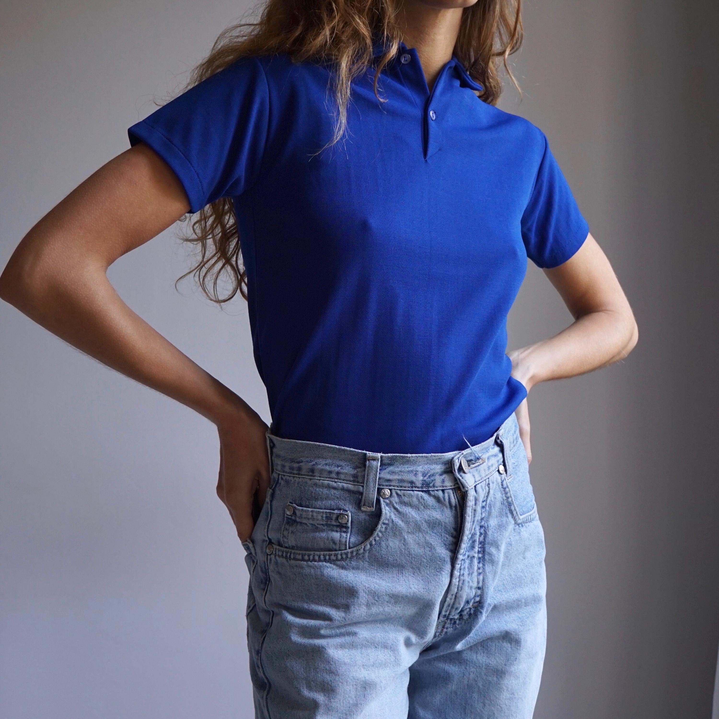 70s Retro Bright Blue Nylon Polo Shirt / Vintage Stretch Pique Knit Top