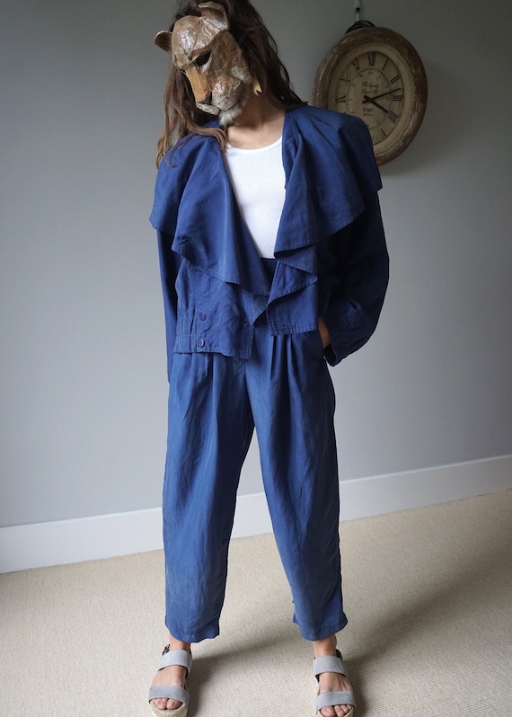 Blue Silk Two Pieces Set 80s Vintage Pant Suit W28