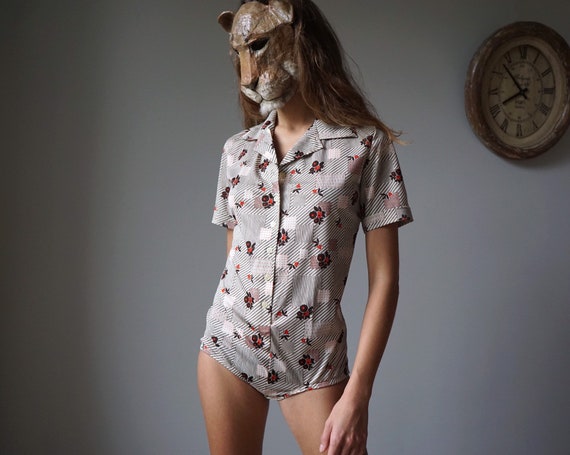 NOS 70s Floral Geometric Print Bodysuit Vintage Bl