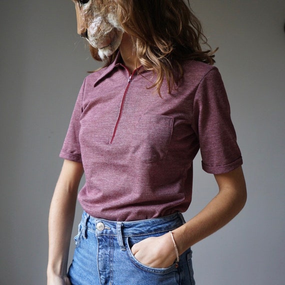 NOS 70s Burgundy Heather Knit Polo Shirt / Vintag… - image 2