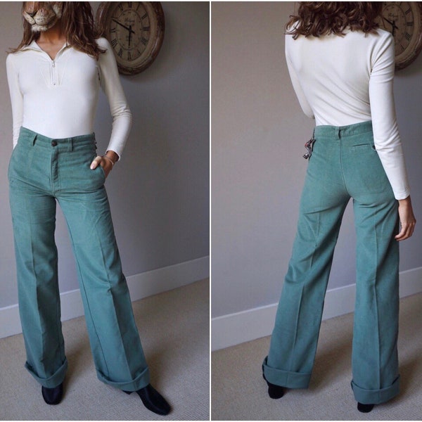 Pantalon taille haute Seafoam Velvet Suede Touch des années 70 / vintage Deadstock Blue Green Pants